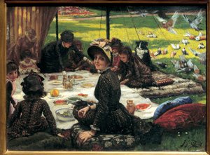 Frokost på gresset Familiepiknikscene. Maleri av Jacques Joseph (Jacques-Joseph) Tissot dit James Tissot (1836-1902) av James Jacques Joseph Tissot