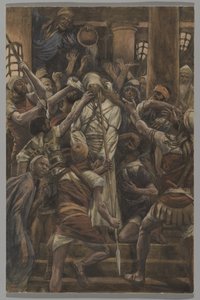 Mishandlinger i Kaifas-huset, illustrasjon fra Vår Herre Jesu Kristi liv, 1886-94 (wc over grafitt på papir) av James Jacques Joseph Tissot