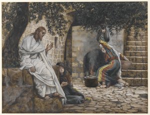 Maria Magdalena ved Jesu føtter, illustrasjon fra Vår Herre Jesu Kristi liv, 1886-94 (wc over grafitt på papir) av James Jacques Joseph Tissot