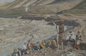 Døperen Johannes ser Jesus fra det fjerne, illustrasjon fra Vår Herre Jesu Kristi liv (wc over grafitt på papir) av James Jacques Joseph Tissot