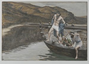 Saint Peter varslet av Saint John om Herrens nærvær kaster seg i vannet, illustrasjon fra The Life of Our Lord Jesus Christ, 1886-94 (wc over grafitt på papir)