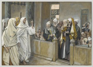 Yppersteprestene spør Jesus med hvilken rett han handler på denne måten, illustrasjon fra Vår Herre Jesu Kristi liv, 1886-94 (wc over grafitt på papir) av James Jacques Joseph Tissot