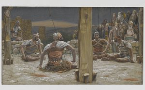 De fire vaktene satte seg ned og så på ham, illustrasjon fra The Life of Our Lord Jesus Christ, 1886-94 (wc over grafitt på papir) av James Jacques Joseph Tissot
