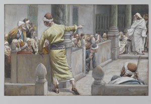 Den helbredede blinde mannen forteller sin historie til jødene, illustrasjon fra Vår Herre Jesu Kristi liv, 1886-96 (wc over grafitt på papir) av James Jacques Joseph Tissot