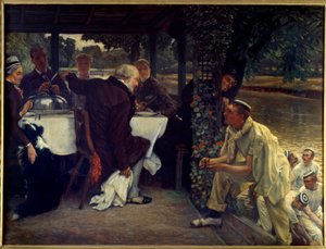 Den fortapte sønns retur: den fete kalven Moderne tilpasning av lignelsen om det fortapte barnet som vender tilbake til sin angrende far. Maleri av Jacques Joseph (Jacques-Joseph) Tissot dit James Tissot (1836-1902) 1880 Søn. 1x1,3 m Nantes, musee des Beau av James Jacques Joseph Tissot