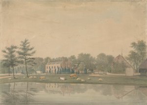 Nordøst utsikt over et hus ved Ringmer med storfe og sauer ved en dam