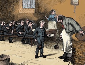 Scene fra Oliver Twist av Charles Dickens, 1836