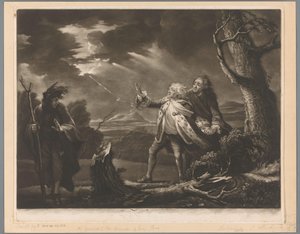 David Garrick som kong Lear med jarlen av Kent og Edgar forkledd som Tom i et stormfullt landskap av James McArdell
