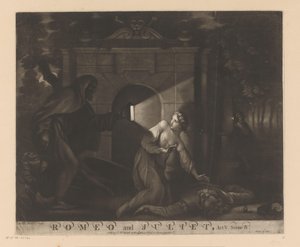 Juliet kneler ved Romeos kropp og ser på en munk med en lykt Romeo og Julie, Akt V. Scene IV. (tittel på objekt) av James McArdell