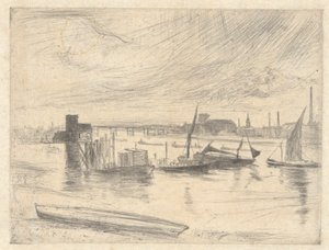 Battersea Dawn (Cadogan Pier), fra Thames Set (A Series of Sixteen Etchings of Scenes on Themsen and Other Subjects) av James Abbott McNeill Whistler