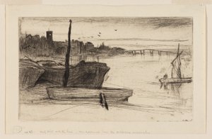 Chelsea Bridge og kirke av James Abbott McNeill Whistler