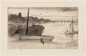 Chelsea Bridge og kirke av James Abbott McNeill Whistler