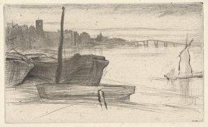 Chelsea Bridge and Church, from the Thames Set (A Series of Sixteen Etchings of Scenes on Themsen and Other Subjects) av James Abbott McNeill Whistler