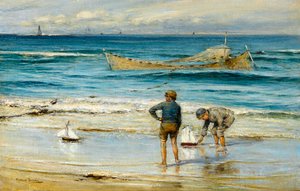 Sailing Toy Boats on the Shore (olje på lerret) av James Michael Brown