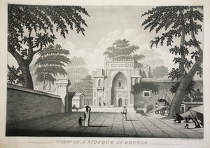 Utsikt over en moske ved Chunar, pub. 1810 gravering. av James Moffat