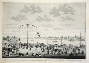 Utsikt over bredden av Ganges med representasjon av Churruck Poojah …, pub. 1810 gravering. av James Moffat
