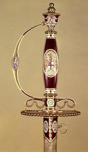 Hilt av et sverd presentert til oberst James Hartley (1745-99) av East India Company, satt av James Morisset (ca. 1766-c. 1800) ca. 1780 (gull og emalje) av James Morisset