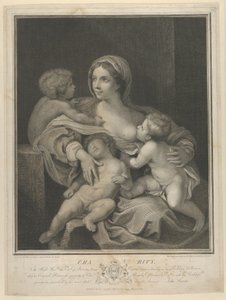 Veldedighet satt og ammede et spedbarn, en annen sov på fanget hennes og en tredje snakket med henne, ..., 1793. av James Parker