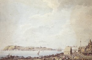 En utsikt fra byen Quebec, hovedstaden i Canada, tatt fra fergehuset på motsatt side av elven, 3. oktober 1784 (penn og blekk og akvarell på papir) av James Peachey