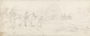 Coursing, en gruppe ryttere som galopperer fra venstre etter et par greyhounds (grafitt på papir) av James Pollard