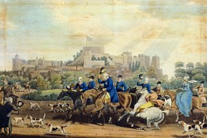 George III (1738-1820) vender tilbake fra jakt, gravert av M. Dubourg, 1820 (akvatint) av James Pollard