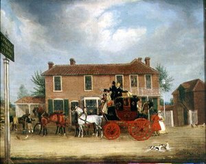 The Norwich to London Mail at the Coach and Horses, Ilford (olje på lerret) av James Pollard