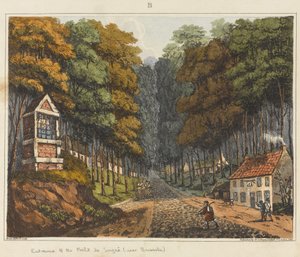Inngang til Foret de Soigne, nær Brussel, 1815, fra "An Historical Account of the Battle of Waterloo", 1817 (farget akvatint)