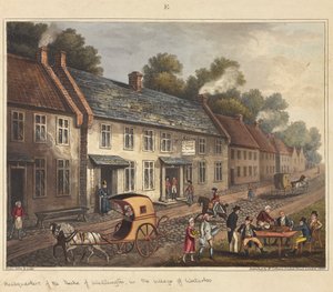 Hovedkvarteret til hertugen av Wellington i landsbyen Waterloo, fra "An Historical Account of the Battle of Waterloo", 1817 (farget akvatint)