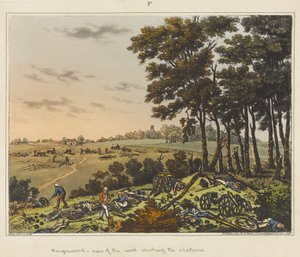 Hougoumont - utsikt over skogen som omkranser slottet, fra «En historisk beretning om slaget ved Waterloo»