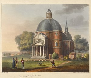 Kapellet i Waterloo, fra 'An Historical Account of the Battle of Waterloo', 1817 (farget akvatint) av James Rouse