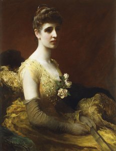 Portrett av Lady Dixon av Rheda, trekvart lengde, sittende iført en gul kjole med blomster som holder en vifte, av James Sant