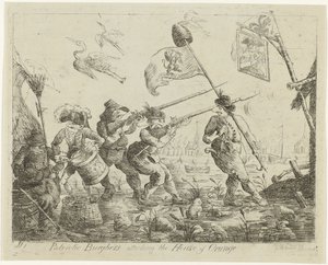 Spotprent op Goejanverwellesluis, 1787 Patriotiske borgere angriper House of Orange (tittel på objekt)