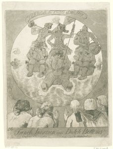 Spotprent op de Franse invasie, 1795 fransk invasjon på nederlandske bunner. Ombres Chinoises / Terror the Order of the Day (tittel på objekt)