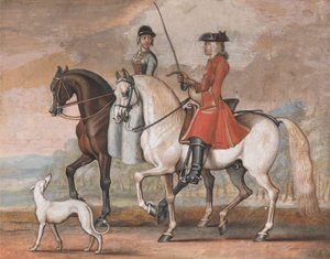 En gentleman på en dressurtrent hest rir ut med en dame av James Seymour