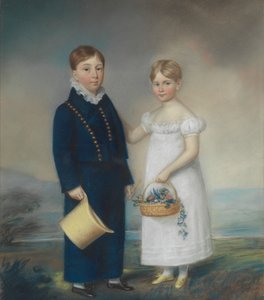 Gutt som holder en hatt og jente som holder en kurv med blomster, står i et landskap av James Sharples