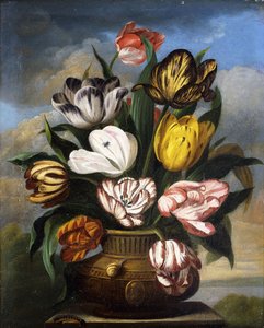 Tulipaner i en vase, med en larve, en snegl og en flue, på en sokkel i et landskap, 1826