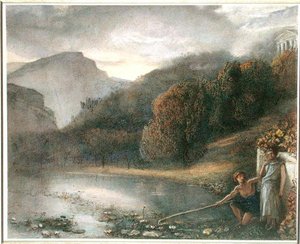 Landskap med tempel og pastorale figurer (akvarell på papir) av James Smetham