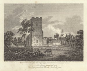 Robert Bloomfield, poet: Honington Church, and the Cottage der Robert Bloomfield ble født (gravering) av James Storer