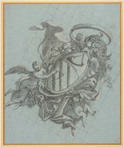 Et våpenskjold med et horn og tre lenker holdt oppe av en engel og to putti av James Thornhill