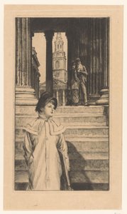 Ung kvinne går ned trappene til National Gallery i London av James Tissot