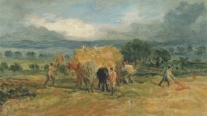 En innhøstingsscene med arbeidere som laster høy på en gårdsvogn (olje på panel) av James Ward
