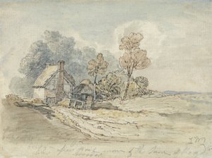 En hytte med stråtak og trær ved svingen til en landevei (penn og w/c på papir) av James Ward