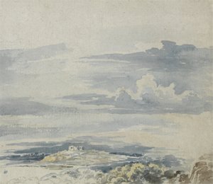 Landskap med et slott på en høyde (akvarell over blyant på papir) av James Ward