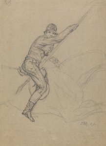 Sir Charles Blunt (f.1775) Hunting the Boar and Escaping from the Tiger: en studie for ett av et sett på fire malerier laget i 1815 (blyant forhøyet med hvitt på grått papir) av James Ward