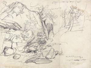 Studie av et fjell med trær (svart kritt på papir) av James Ward