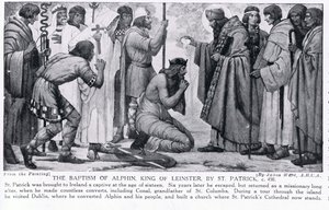 The Baptism of Alphin, King of Leinster, av St. Patrick, illustrasjon fra 'Hutchinson's History of the Nations', ca. 1910 av James Ward
