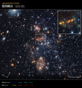 Sextans A – uttrekk av polycykliske aromatiske hydrokarboner (Compass-bilde) av James Webb Space Telescope (NASA)