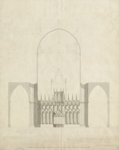 Interiør av Lichfield Cathedral - Inngang fra kor til Nave: tegning og vask, nd [c 1780]