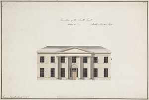 Soho House: Plan over første etasje; Plan over soverommetasjen; Forhøyning av sørfronten, design A, forhøyning av sørfronten, design B og forhøyning av nordfronten, 1796