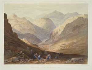 Festningen Alimusjid og Khybur-passet, plate 13 fra Scenery, Inhabitants and Costumes of Afghanistan, gravert av W.L. Walton, 1848